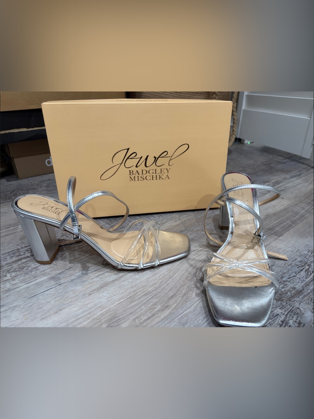 Jewel Badgley Mischka Metallic Silver Strappy Block Heel Sandals